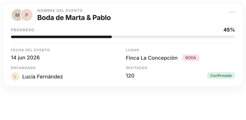 Tarjeta de evento en la app Hubents