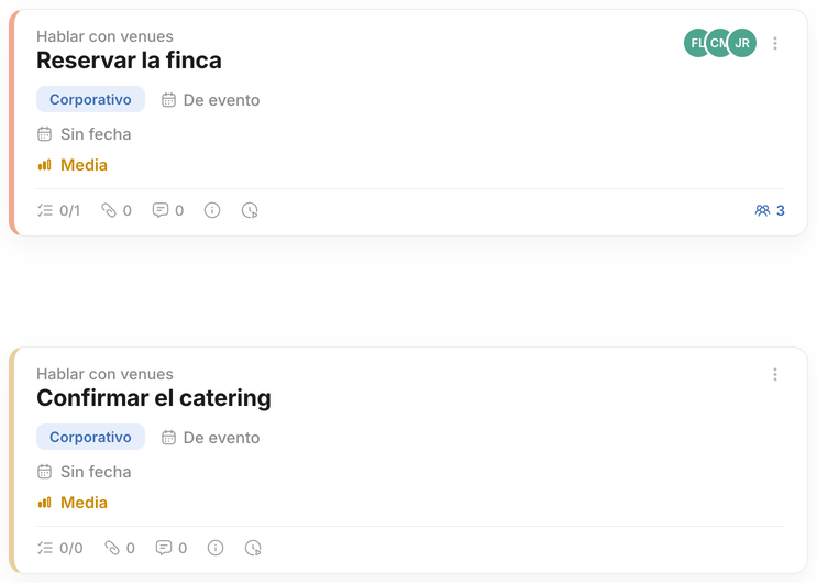 Tareas de un evento en la app Hubents