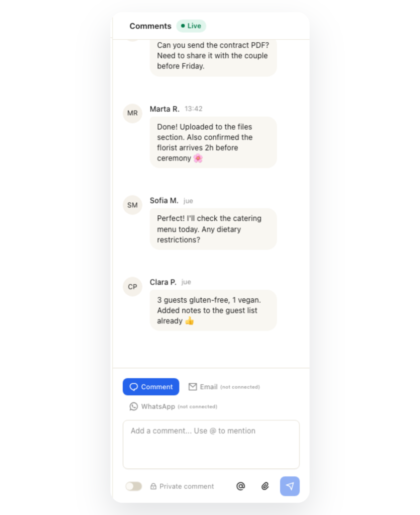 Live comments chat of a task in Hubents