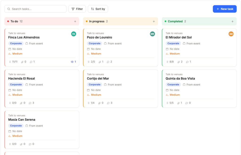 Tasks board with to do, in progress and completed columns