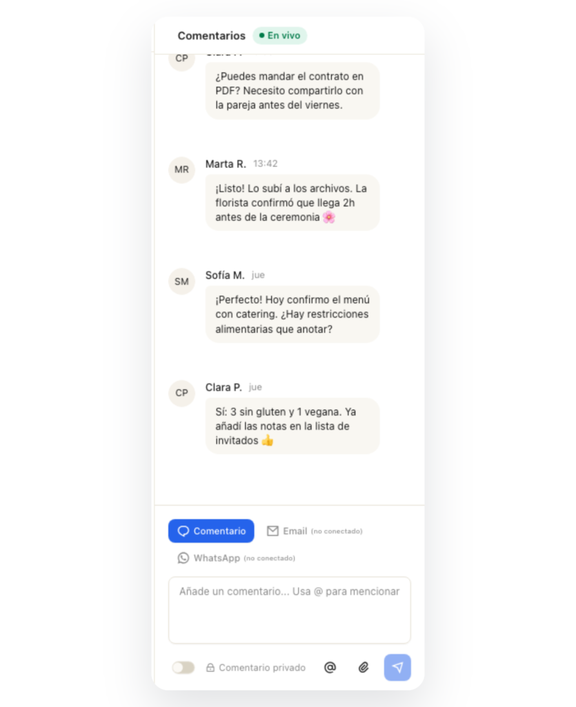Chat de comentarios en vivo de una tarea en Hubents